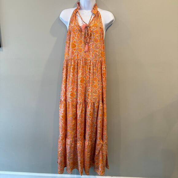 Raga Shalina Ruffle Tassel Tie Collar Satin Maxi Dress Orange Pink Sz Med NWT - Picture 2 of 9